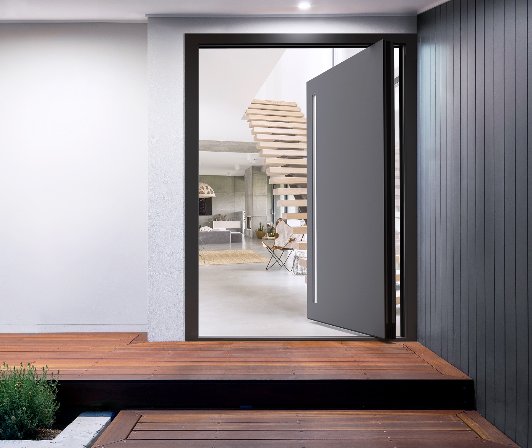 Ușă din aluminiu Cortizo Millennium Plus Pivot într-un proiect contemporan